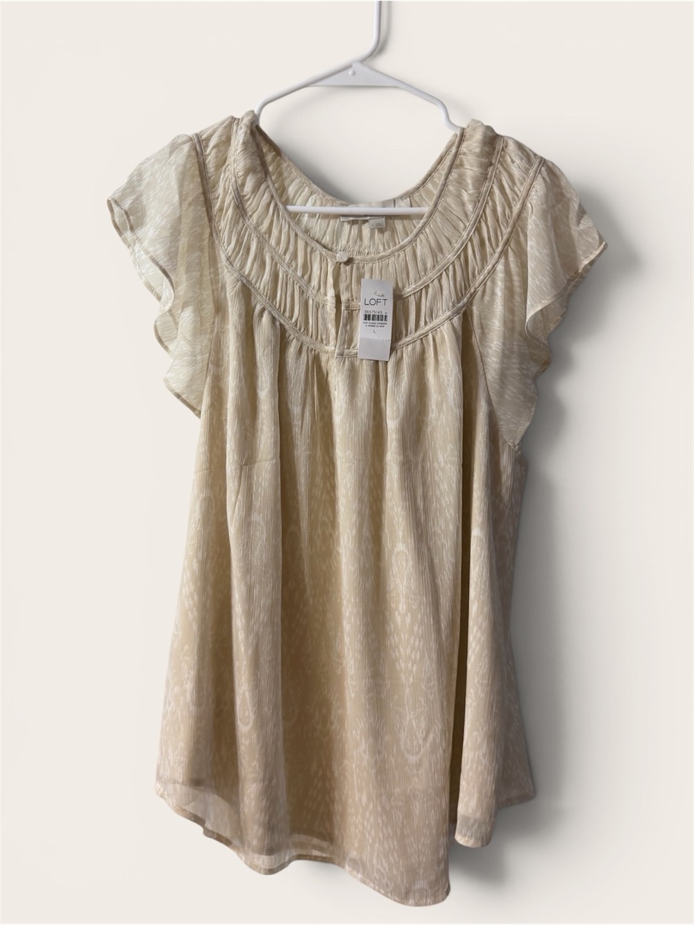 LOFT Beige Flutter Sleeve Smocked Yoke Blouse